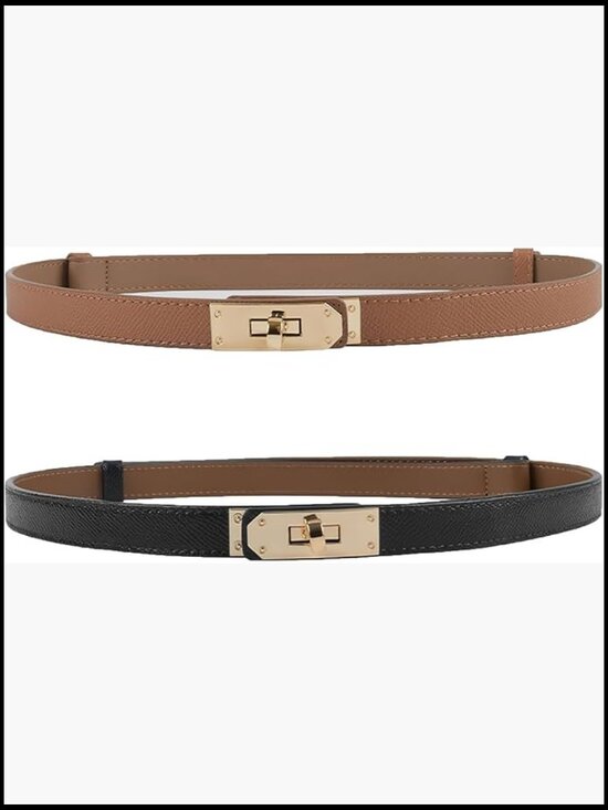 Skinny Leather Belt with Interlocking Metal Buckle for Dresses & Jeans